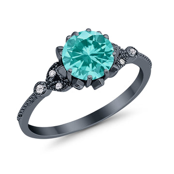Art Deco Fashion Ring Round Black Tone, Simulated Paraiba Tourmaline CZ 925 Sterling Silver